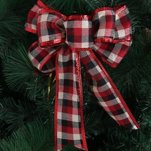 Christmas tree red buffalo plaid bow hanging ornament with sparkling red glitter edges