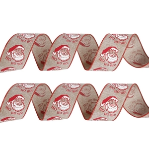 Christmas ribbon with Santa Claus print and HO HO HO text for festive gift wrapping
