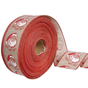 Christmas ribbon with Santa and HO HO HO text on red and beige faux linen fabric roll