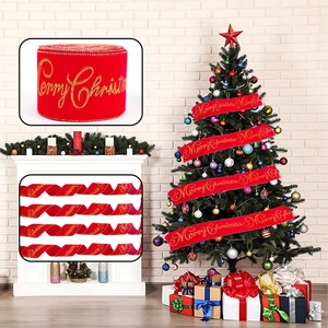 Ruban de Noël en Velours Rouge Inscription Merry Christmas Pailletée Dorée Pour Décoration Sapin Emballage Cadeau