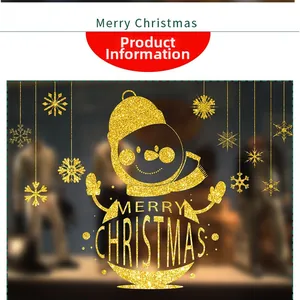Detail showing gold glitter snowman window sticker with Merry Christmas typography and snowflakes