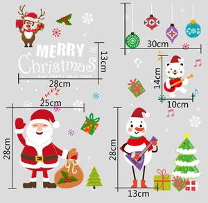 Detailed size specifications for Christmas window stickers with Santa and reindeer motifs