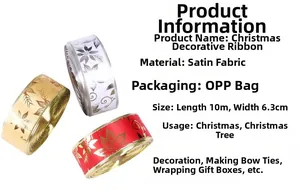 Detail of Christmas satin ribbon with gold floral print and wired edges for bow making