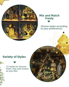 Detail of 12 gold glitter Christmas window stickers featuring reindeer and snowflakes