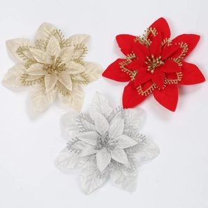 Artificial Christmas Poinsettia Flower Glitter Hollow Petal Layered Xmas Tree Decoration For Wedding Holiday Party Home Ornament