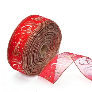 Christmas Tree Bronzing Print Gauze Ribbon Merry Christmas Letter Red Tulle Ribbon Gold Edge Festive Gift Wrap Decoration