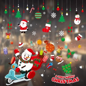 Detailed Christmas stickers featuring Santa, snowman on scooter, and colorful ornaments
