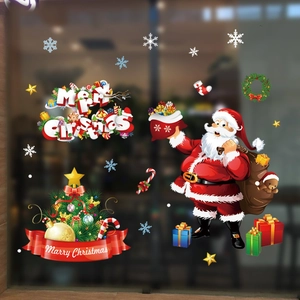 Merry Christmas Static Window Stickers Santa Claus Reindeer Snowflakes Printed PVC Decals For Home Shop Festival Decor