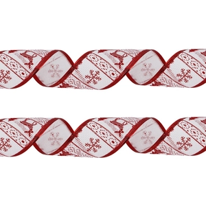 2-meter Christmas faux linen ribbon with festive red reindeer and snowflake patterns