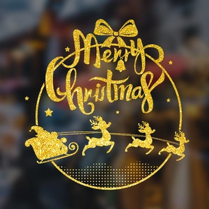 Gold Glitter Christmas Window Stickers Static Cling Reindeer Santa Snowman Snowflake Decals For Shop Home Holiday Decorations