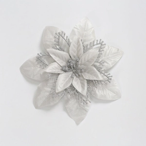 Silver artificial poinsettia Christmas flower with triple layers and glitter for wreaths