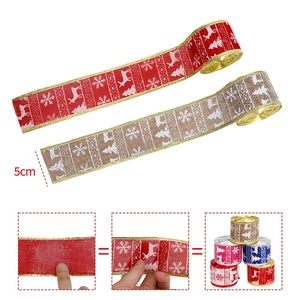 2M Christmas faux linen ribbon with 5cm width snowflake and reindeer print decor