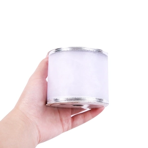 Detail of white organza ribbon with silver metallic edge on a cylindrical paper spool