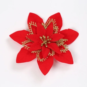 Red and gold tiered poinsettia Christmas flower decoration with glitter petals