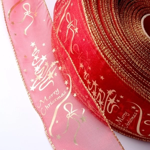 Red organza Christmas ribbon with gold Merry Christmas tree print for gift wrapping