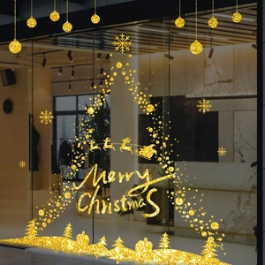 Golden Christmas static glass decals with sparkling tree reindeer and Merry Christmas text