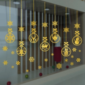 Golden glitter Christmas window static stickers featuring snowflakes and festive ornament balls