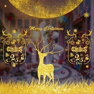 Golden glitter Christmas reindeer and snowflakes window stickers for holiday party decor