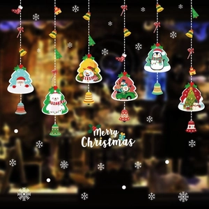 Cartoon Christmas static window decals with Santa Claus, snowmen and festive trees