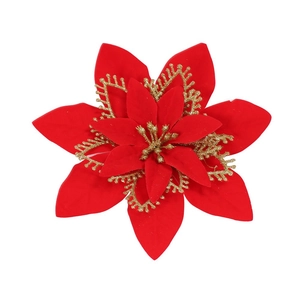 Red 20cm artificial poinsettia Christmas flower with gold glitter and multi-layer petals