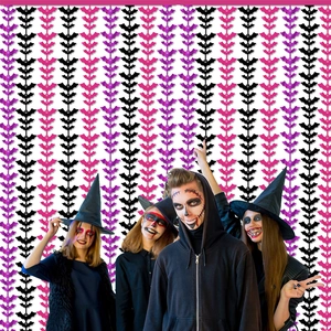 Halloween bat fringe curtain backdrop with black, purple and pink shiny foil bat decorations