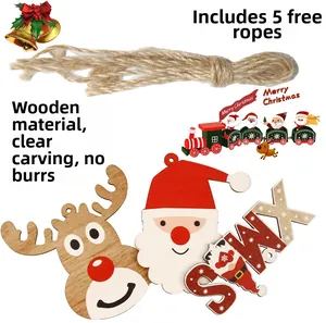 Detail of wooden Christmas ornaments set including reindeer and Santa with jute ropes