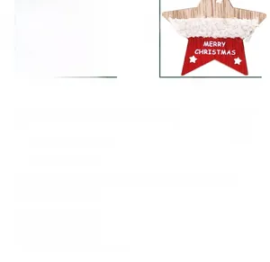 Detail of star and heart wooden Christmas ornaments with plush trim and festive greetings