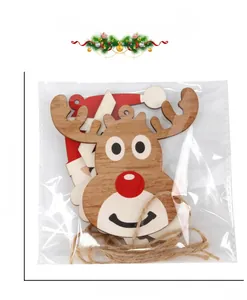 Detail view of wooden Christmas ornaments set including Santa and reindeer in packaging