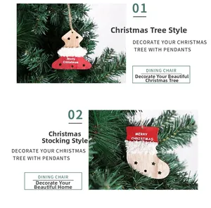 Detail of wooden Christmas tree and stocking ornaments with Merry Christmas engraving