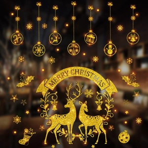 Detailed view of golden glitter reindeer and snowflake window decals for Christmas
