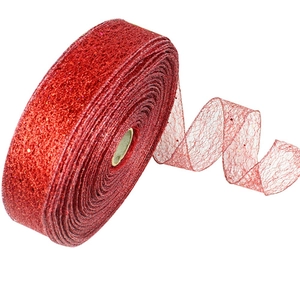 Glittery red Christmas mesh ribbon roll for festive holiday tree decoration and gift wrapping