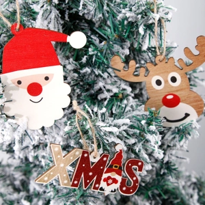 Wooden Christmas ornaments set featuring Santa, reindeer, and XMAS lettering for holiday decor