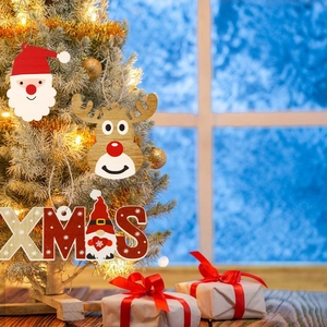 Wooden Christmas hanging ornaments featuring Santa Claus, reindeer, and XMAS gnome designs