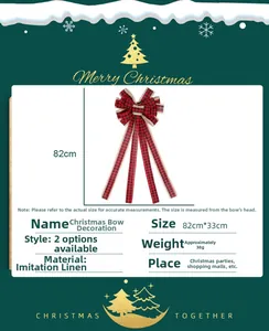 Detail view of red and black plaid burlap Christmas tree bow topper measuring 82cm by 33cm