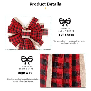 Macro detail of red and black buffalo plaid Christmas bow with flexible wire edging
