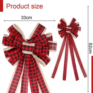 Red and black buffalo plaid Christmas bow set with size markings 33cm width and 82cm length