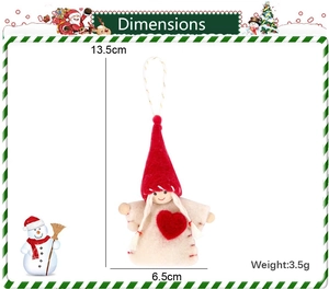 Detailed dimension view of Christmas angel felt pendant measuring 13.5cm by 6.5cm