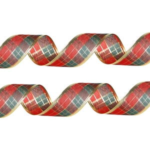 Ruban de Noël 2m écossais rouge et vert avec bordure dorée pour décoration de sapin