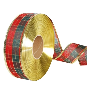 Ruban de Noël doré avec bords à carreaux rouges et verts pour décoration de sapin DIY