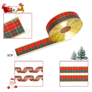 Ruban de Noël à carreaux avec bordures dorées pour décoration et nœuds de fête