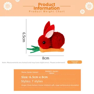 Detail of plush Easter bunny and carrot hair clip with 6.5cm x 8cm size specifications