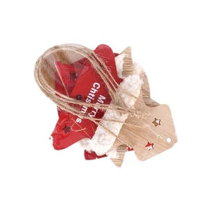 Christmas wooden tree and star ornaments set with plush trim and rustic twine