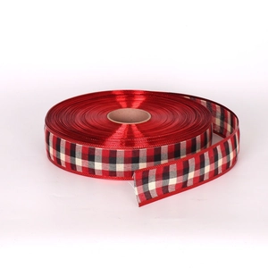 Detail view of 2M Buffalo check Christmas ribbon with red metallic glitter wired edges
