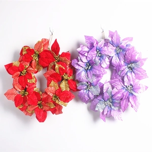 Ghirlanda natalizia artificiale 45cm con fiori traforati glitterati rossi e viola