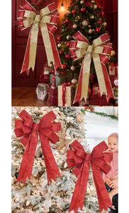 Detail showing two-tone gold glitter Christmas bow decorations on a festive holiday tree