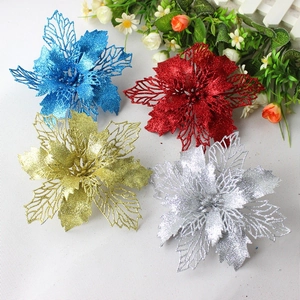 Hollow Christmas Flower Glitter Artificial Poinsettia For Christmas Tree Decoration Hanging Garland Ornaments Festive Home Party Decor