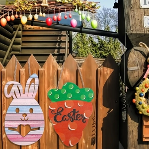 Easter wooden hanging sign featuring a blue rabbit and strawberry with Easter text