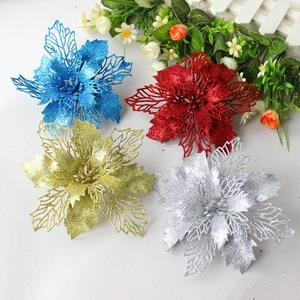 Set of 16cm glitter hollow Christmas flowers in blue, red, gold and silver finishes