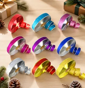 Nine colorful glitter Christmas ribbons for tree decoration with shiny metallic edges