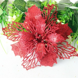 16cm Red glitter hollow poinsettia flower for Christmas tree and wreath decoration